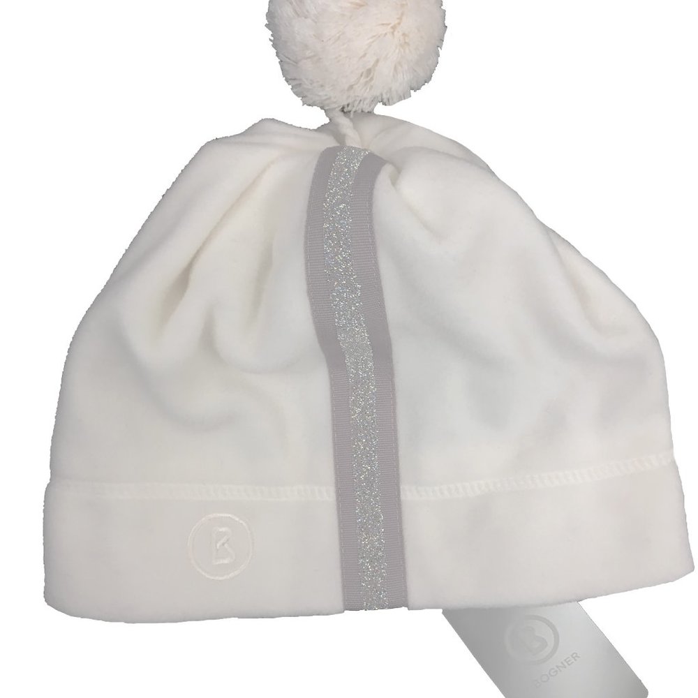 NEW $195 Bogner Womens Fleece Hat! Off White With Swarovski Crystals & Bogner "B